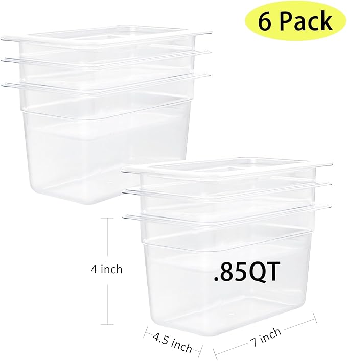Plastic Food Pan - 1/9 Size 4 Inch Deep Commercial Food Pan - 6 Pack Polycarbonate Plastic Clear Storage Containers - Hotel Pans for Fruits Saland Beans Corns Freezer-Safe