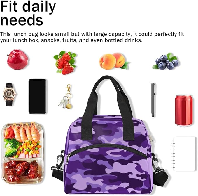 Purple Camouflage Insulated Lunch Bag for Women Men Reusable Lunch Box Cooler Bag Large Leakproof Lunch Tote with Adjustable Shoulder Strap for Adult Work Picnic Camping Beach Office