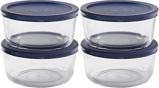 Anchor Hocking SnugFitTM Round Food Storage Containers with Lids (4-Piece, 4-cup, Navy Blue, oven-safe)