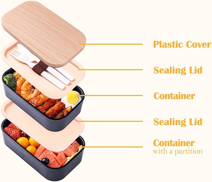 Stackable Bento Box with Utensils Microwave Safe, All-in-One Meal Prep Compartment Lunch Containers Leak Resistant Lunch Box with Sauce Container 60oz Black(without bag)