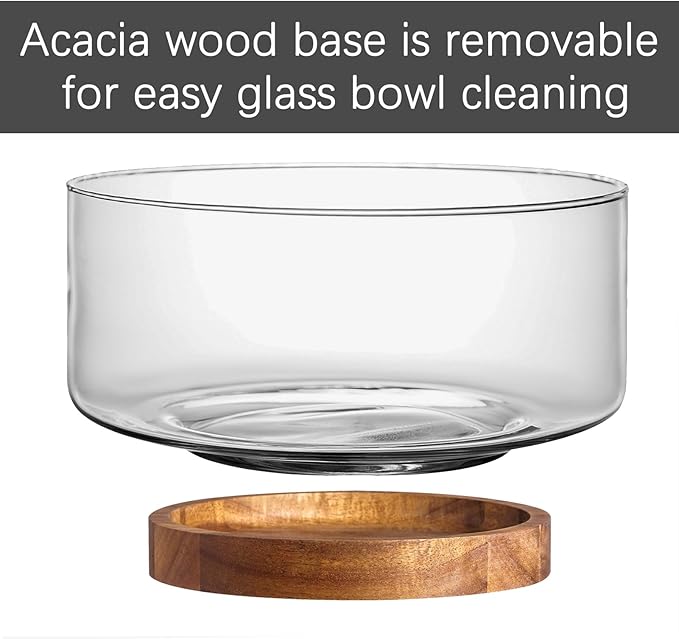 LiTY Glass Salad Bowl Set, 9″ Medium Salad Servers with Acacia Wood Base and Salad Serving Utensils, for Party, Fruits, Popcorn, Chips, Pasta, Kitchen Must-Have