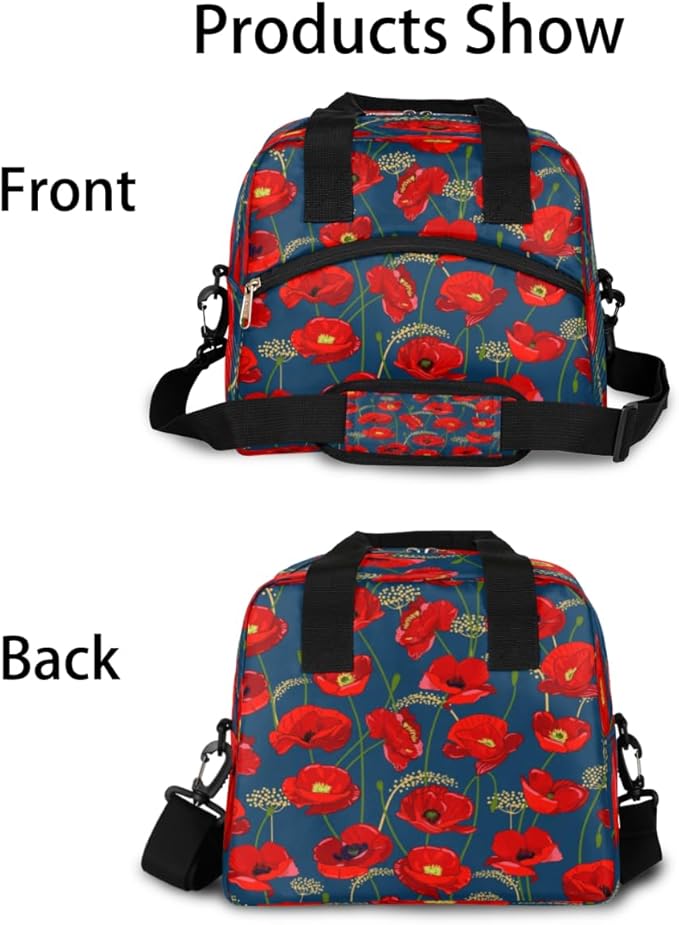 Insulated Lunch Bag for Women Men Poppies Pattern Leakproof Cooler Tote Bag Large Reusable Adult Lunch Box with Adjustable Shoulder Strap for Office Work Picnic Travel Beach