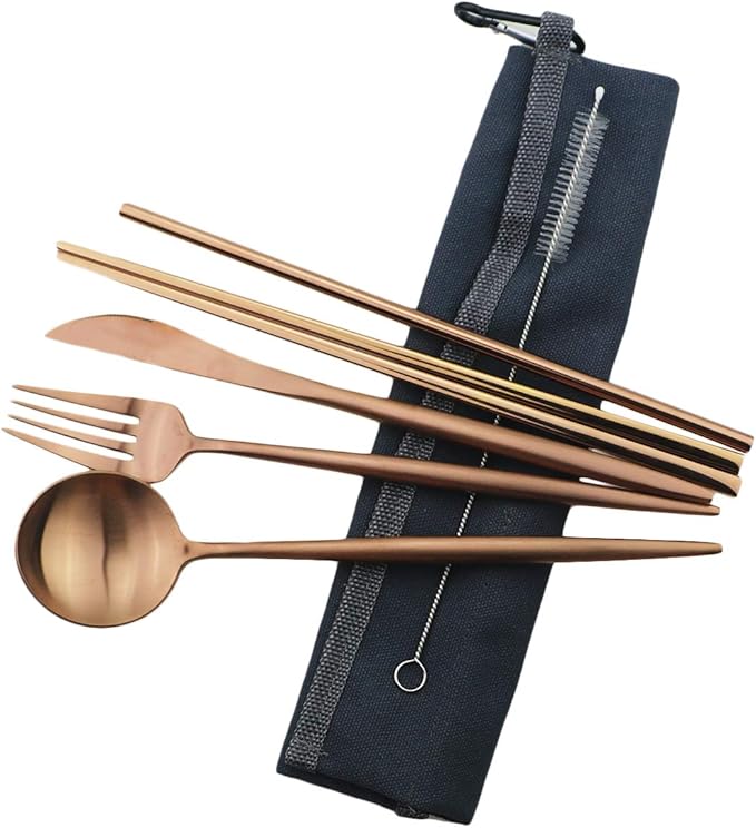 Reusable Travel Utensils, 7 Piece Portable 304 Stainless Steel including Knife Fork Spoon Chopsticks Cleaning Brush Straws Portable Pouch, Eco-friendly Camping Silverware Set, Dishwasher Safe