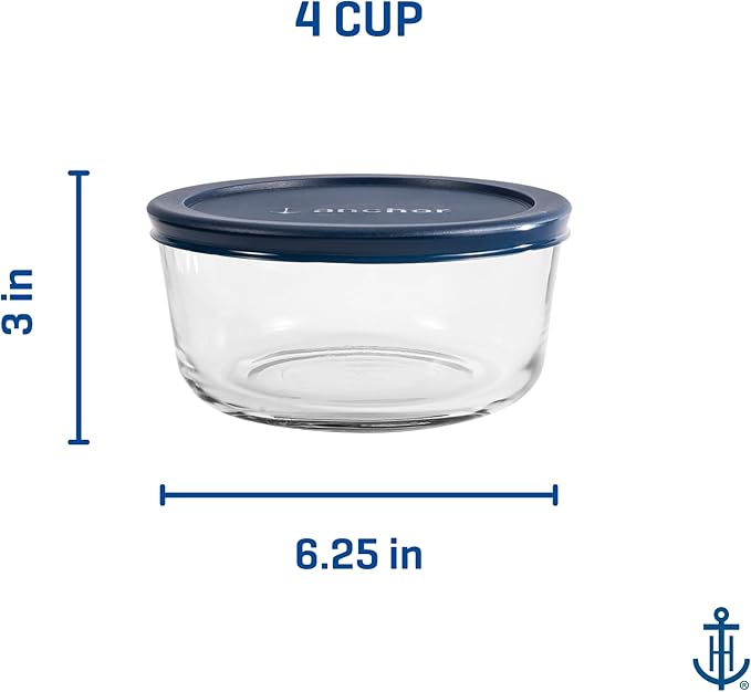 Anchor Hocking SnugFitTM Round Food Storage Containers with Lids (4-Piece, 4-cup, Navy Blue, oven-safe)