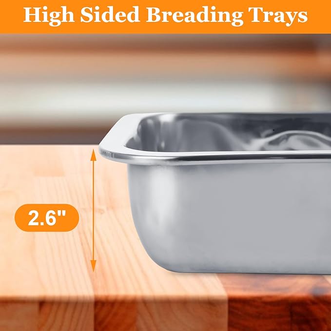 4 Pcs Breading Pans with Tong, Stainless Steel Breading Trays, High Sided Food Prep Trays for Preparing Schnitzel, Panko, Bread (10.63 x 7.87 x 2.75 Inches)