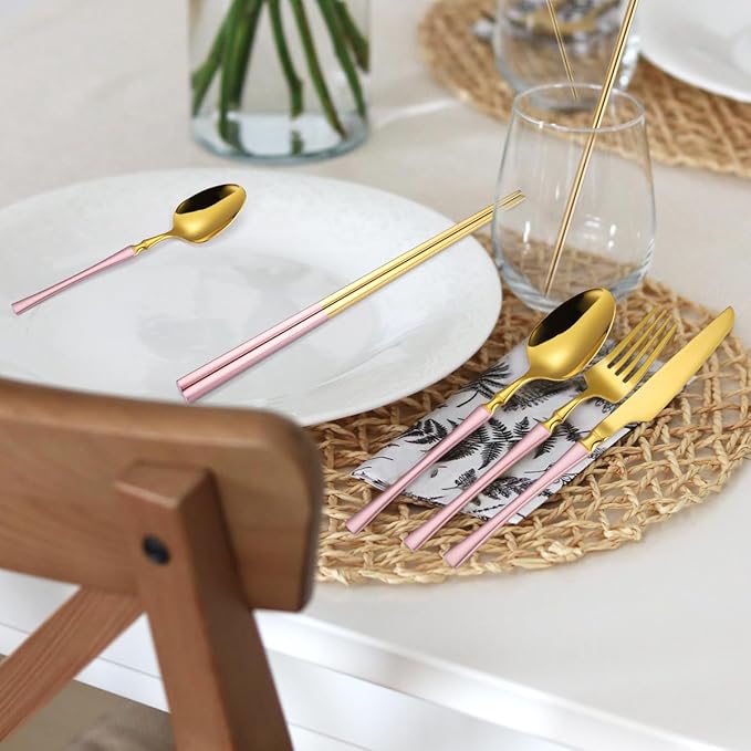 AARAINBOW 7 Pieces Stainless Steel Flatware Set Portable Reusable Cutlery Set Travel Utensils Set Including Chopsticks Knife Fork Spoon Straws Cleaning Brush Dishwasher Safe (B-Pink Golden)
