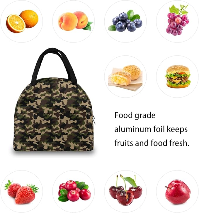 Insulated Lunch Bag for Women Men Green Brown Camouflage Waterproof Thermal Tote Bag Reusable Lunch Box Container Lunch Holder Leakproof Lunch Cooler Bag Picnic Travel Work