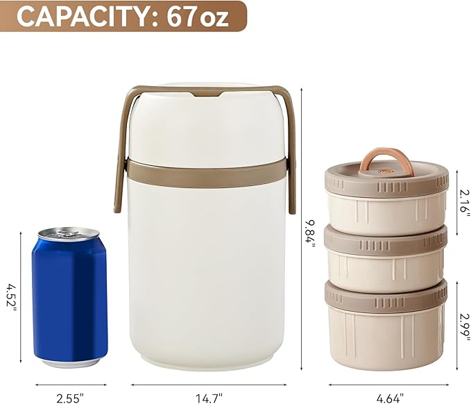 67oz Thermos for Hot Food,3-Layer Sealed Stackable Food Thermos,with Lunch Bag Soup Thermos,It Is Suitable for Daily Office Meals and Outdoor Meals,Among Other uses(White, 67)