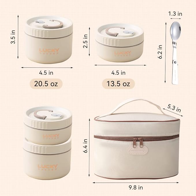 VANDHOME Bento Box Adult Lunch Box Set, Portable Keep Warm Lunch Container With Insulated Bag, 18/8 Stainless Steel Thermal Food Container, Induction Cooker & Microwave Safe (Beige 4Pcs 68oz)