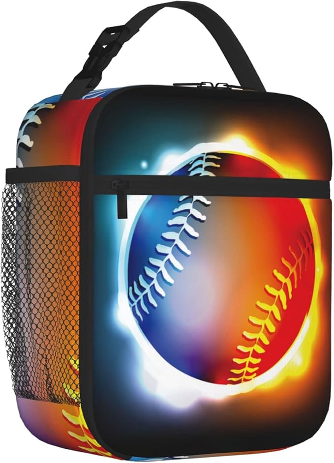 SARA NELL Cool Growing Fireball Lunch Box Baseball Lunch Bag Insulated Reusable Portable Lunch Tote Cooler Bag for Women Men Teens Kids, Office Work School Travel Lunchbox