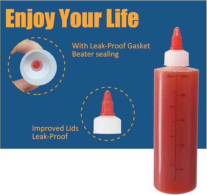10 Pack 8 oz Graduated Plastic Squeeze Squirt Condiment Bottles with Red Twist On Cap Lids - for Condiments, Oil, Icing, Liquids–with Extra 1 Silicone Funnel, 18 Chalk Labels and 1 Pen