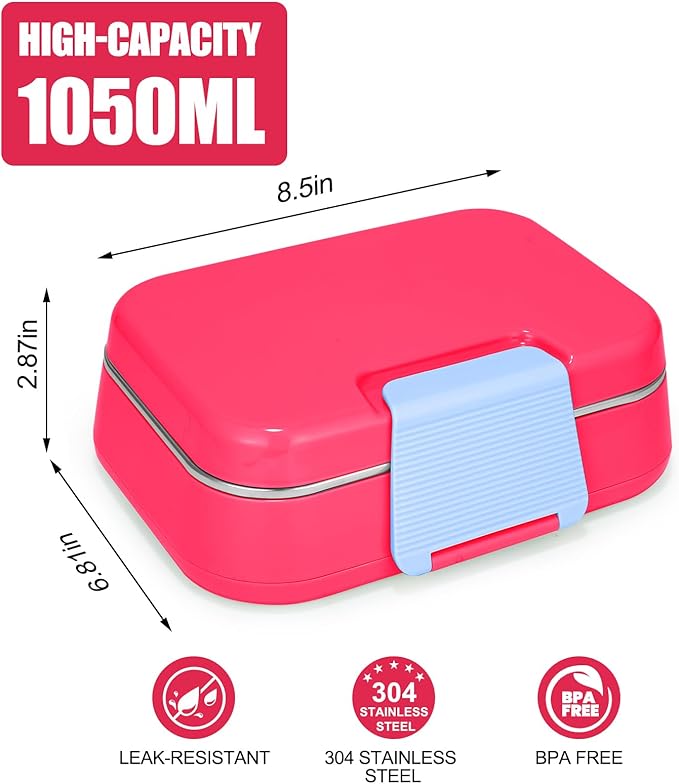 Stainless Steel Lunch Box Leakproof 1000ml Bento Box with 3-Compartment Removable Tray, Eco-Friendly Food Container for Kids & Adults, Office, Travel, BPA Free (RoseRed)