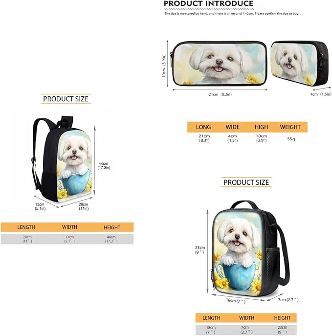 Dolyues Sunflower White Dog Girls BackpackSet: 17 Inch School Bag with Name Tag, Coordinating Lunch Box Bag & Butterfly Pencil Case - Perfect for Birthday & Back-to-School