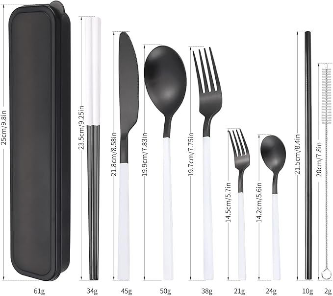 AARAINBOW 6 Pieces Stainless Steel Flatware Set Portable Reusable Cutlery Set Travel Utensils Set Including Chopsticks Knife Fork Spoon Straws Cleaning Brush Dishwasher Safe (White&Black)