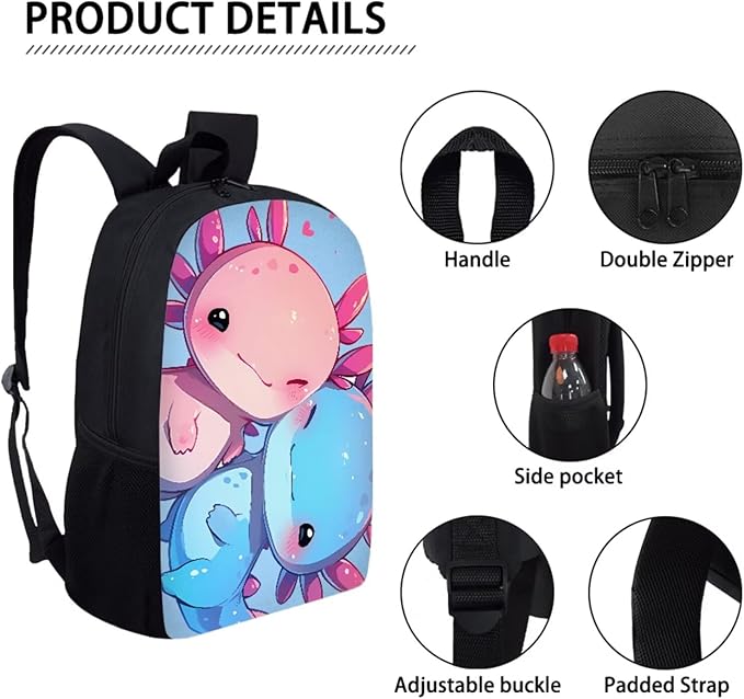 Dolyues Couple Axolotl 3-Piece Backpack Set for School - Includes Travel Backpack, Lunch Box & Pencil Case - Perfect for Middle School, Preschool & Kindergarten