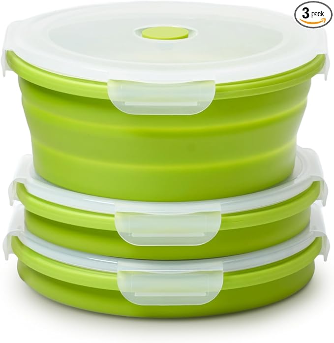 Vdomus Collapsible Food Storage Containers - Leak Proof, Microwave Safe - 40.5oz/1.2L Airtight Silicone Food Containers - Meal Prep Collapsible Bowls with Lids - Set of 3 - Green