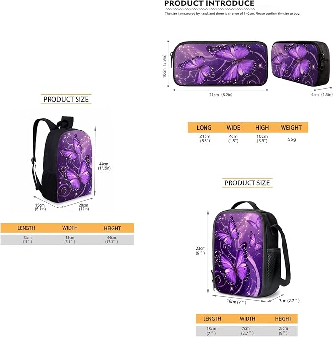 Dolyues Purple Butterflies Girls Backpack Set: 17 Inch School Backpack with Reflective Stripes, Thermal Lunch Tote & Glitter Pencil Case - Safety & Style Combined