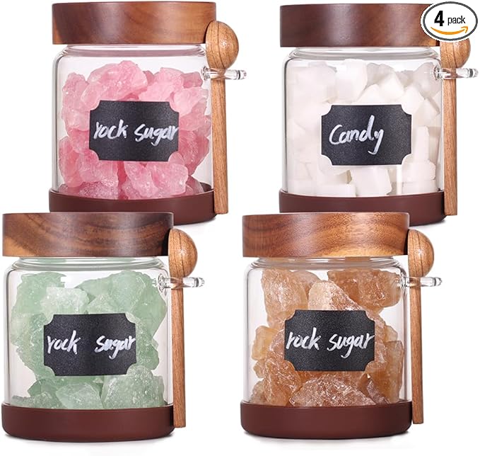 SAIOOL High Bprosilicate Glass 4 Pack Spice Jars with Label and Spoons,Overnight Oats Containers with Acacia Airtight Lids,Glass Food Storage Jars, Coffee Bar (Acacia 22 OZ*4)