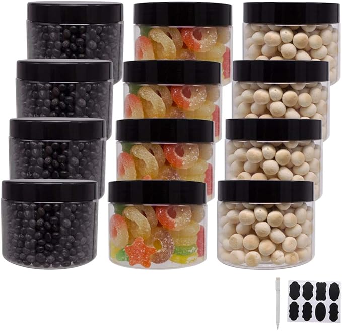 12 Pack 12 oz Plastic Jars With Lids, Extra Labels, 1 Pen, Clear PET Seal Jar for Food Storage,Wide Opening Storage jar For Dry Food, Peanut, Powder, Kitchen & Craft Storage