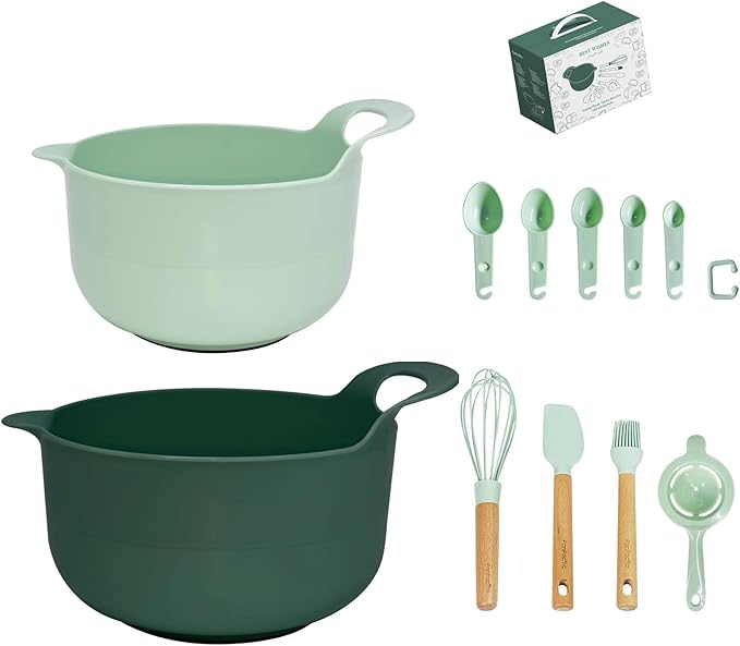 Plasic Mixing Bowls set with Baking supplies, Green Nesting Bowls with pour spout/handle, Non-Slip Base, Measuring Spoons set, Egg Whisk, Spatula & Brush, Great for Mixing, Baking, 11 Pcs
