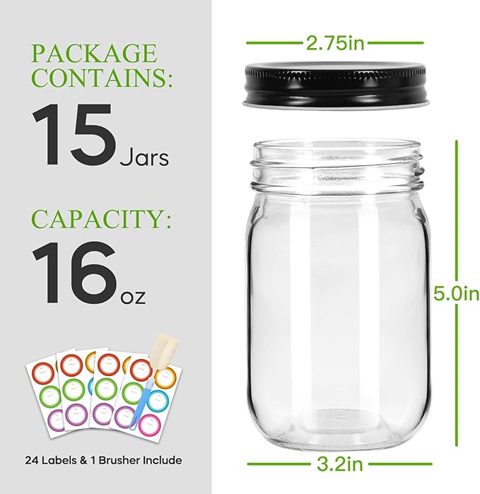 Mason Jars 16 oz with Black Lids, 15 Pack Canning Jars, Clear Regular Mouth Glass Jars for Canning and Fermenting, Labels & Brusher Included - Microwave & Dishwasher Safe
