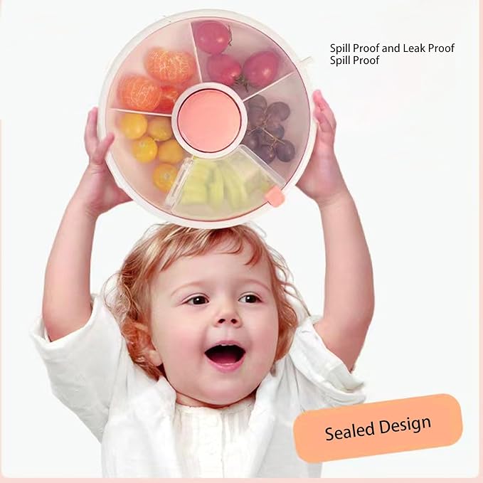 Kids Snack Spinner, 360° Rotating Snack Storage Containers, Large Capacity Leakproof No Spill Kids Fruit Storage Box Bundle with 5 Compartment Dispenser and Lid for Home