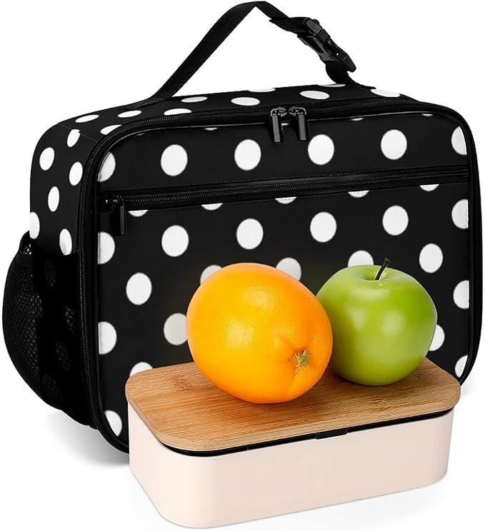 Polka Dot Black Reusable Lunch Box Insulated Lunch Bag Cooler Bag Lunchbox Meal Food Container Tote Bag for Women Kids Girls School Camping Hiking Picnic Beach Travel