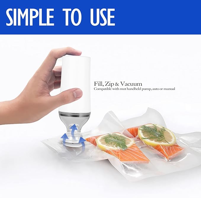 VICARKO Vacuum Food Sealer, Save Sealer, USB Rechargeable Handheld Pump, for Sous Vide and Food Storage, with 5 Reusable Zipper Vacuum Bags, Compatible with Anova Joule Sous Vide Machine