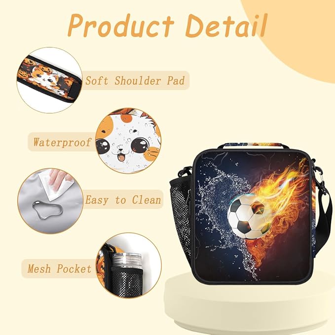 Insulated Lunch Bag for Women Men - Leakproof Portable Lunchbox Lunch Bag for Kids Meal Prep Container Lunch Cooler for School,Work,Picnic,Travel(Fiery Football)