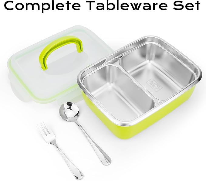 1600ml Stainless Steel Bento Box Lunch Container with 2 Compartments and Removable Plastic Shell, Portable Metal Food Container with Fork and Spoon Set, Leakproof Meal Prep Container for Adults