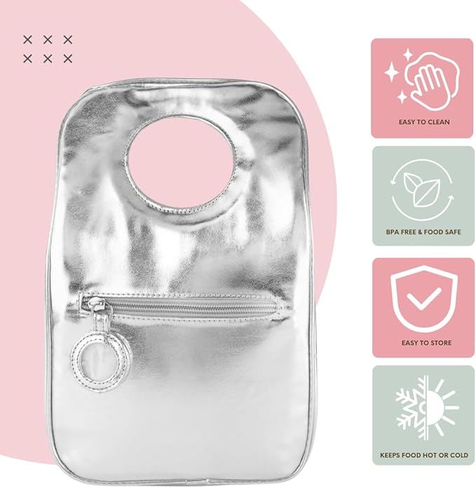 Designer Insulated Lunch Bag, Silver, Reusable Cooler Tote for Food & Drinks, Perfect for Women, Men, Boys, Girls, Stylish for kids ages 3+ (Silver)