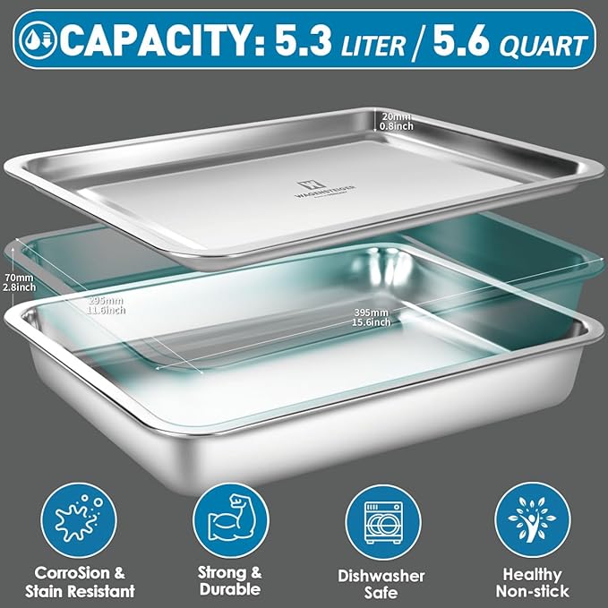 Stainless Steel Food Prep Container with Rack & Lid (Tray), 5.6Quarts, Catering Pans, Restaurant Pans, Buffet Party Pan, Roasting Pan with Rack, Bakeware Roaster, Casserole (1308 / No8)