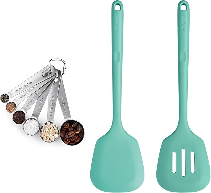 18/8 Stainless Steel Measuring Spoons Set for Dry and Liquid Ingredients (Set of 6), and 600℉ Heat Proof Long & Wide Silicone Solid & Slotted Turner Set of 2 for Egg, Pancake (Aqua Sky)