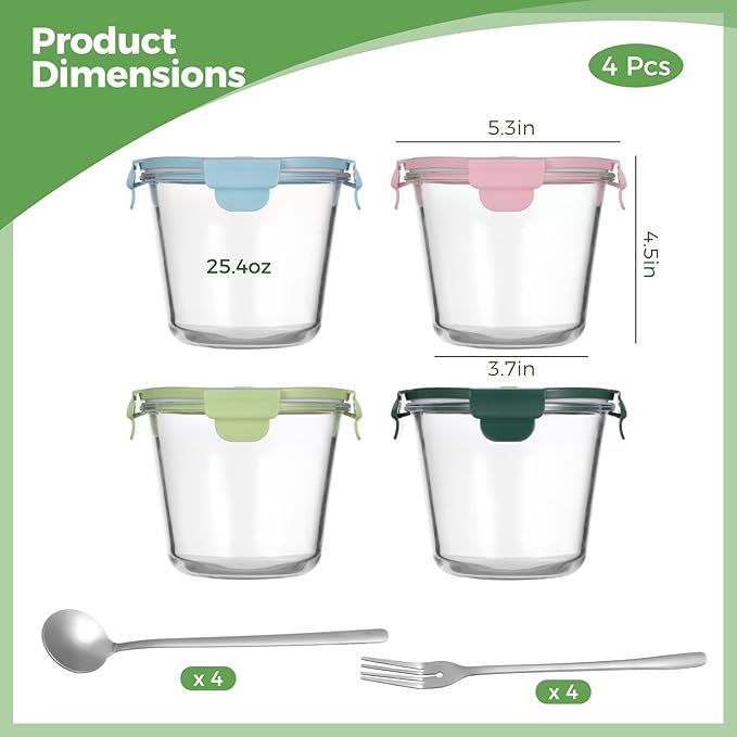 4 Pack Round Glass Meal Prep Containers with Airtight Lids, Leak-proof Storage Containers Set, Reusable Glass Soup Containers Overnight Oats Containers for Leftover, Fruit, Microwave & Freezer Safe