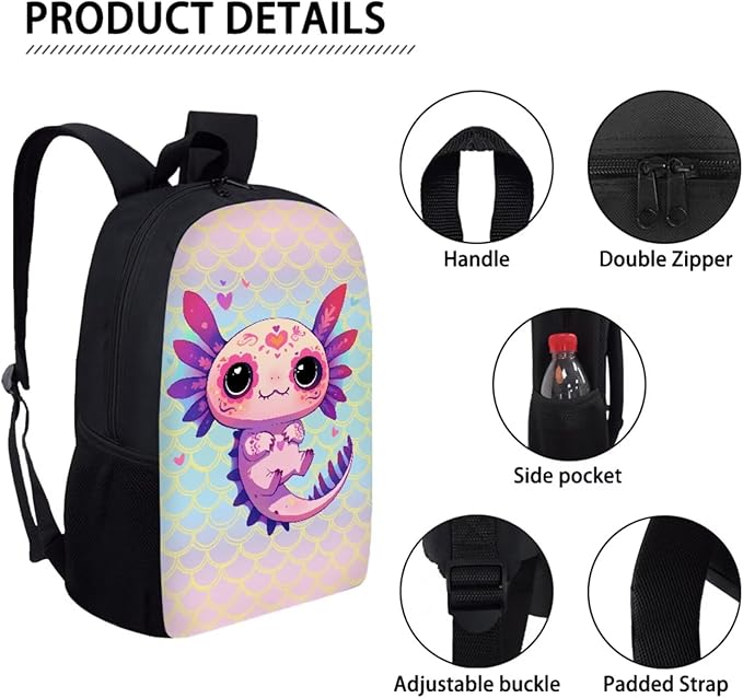 Dolyues Scale Axolotl 17-Inch Girls' 3-Piece Backpack Set - Waterproof School Bag with Lunch Box and Pencil Case - Perfect Travel Gift for School