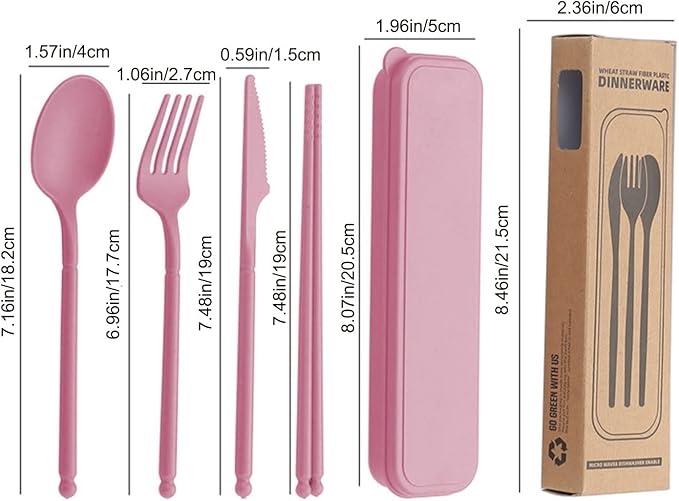 8 Colors Portable Utensils Sets with Case, Wheat Straw Cutlery Set, Reusable Travel Flatware Set, Spoon Fork Knife chopsticks Tableware Set for Outdoor Office Travel Picnic Camping
