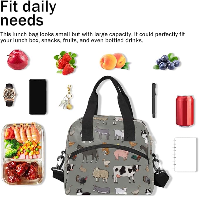 Insulated Lunch Bag for Women Men Farm Animals Leakproof Cooler Tote Bag Large Reusable Adult Lunch Box with Adjustable Shoulder Strap for Office Work Picnic Travel Beach