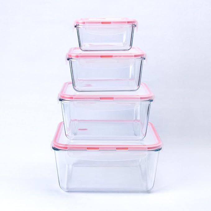 Extra Large Glass Storage Containers with Lids, Set-8-Piece Lunch Containers, Ideal for Storing Food, Vegetables, Fruits, Baking Cake & lot of other Tasty Food (Square)