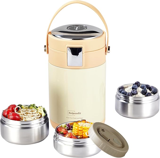 78 oz Adults Stainless Steel Vacuum Insulated Wide Mouth Soup Food Thermos Hot Food Jar with Keep Thermal Portable 3 Tier Stackable Bento Hot Food Containers Lunch Boxes (White)