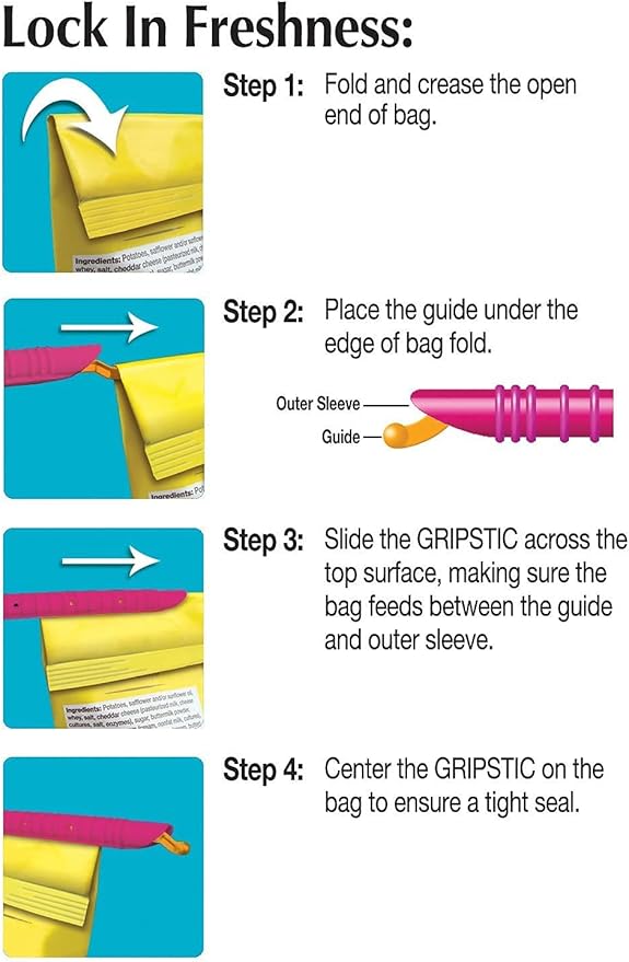 GripStic Bag Sealer. Reusable Chip Clips, Bag Clips. Patented. Airtight & Waterproof Seal on Food Storage Bags, Kids Snacks & More. Near Zero Waste. 12ct Small