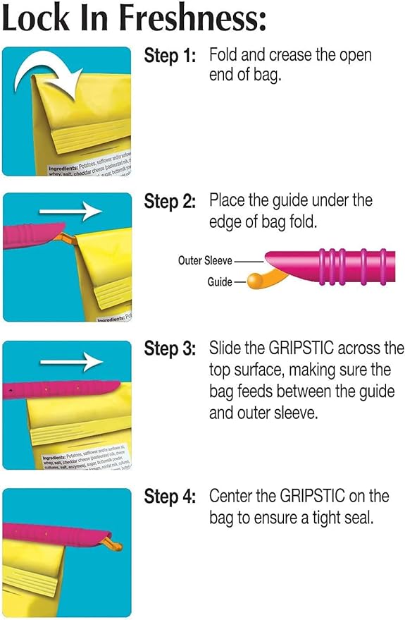 GRIPSTIC Bag Sealer - Reusable Chip Clips, Bag Clips. Patented. Airtight & Waterproof Seal on Food Storage Bags, Kids Snacks & More. Near Zero Waste. 12ct Medium