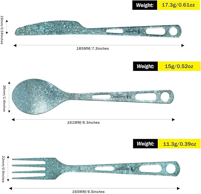 Titanium 3 Piece Cutlery Set, Extra Strong Ultra-Lightweight Durable Knife Fork & Spoon Tableware for Outdoor Camping & Hiking, Comes with Drawstring Bag & Titanium Carabiner-Blue