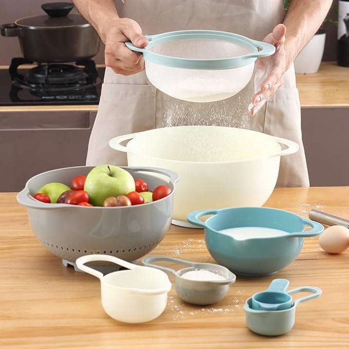 13 Pcs Mixing Bowls Set, RV Camping Accessories Set, Apartment Kitchen Gadget Easy Storage, Inculding Measuring Cups Colander Sifter Large Bowl Whisk Scraper, Great for Cooking and Baking, No BPA