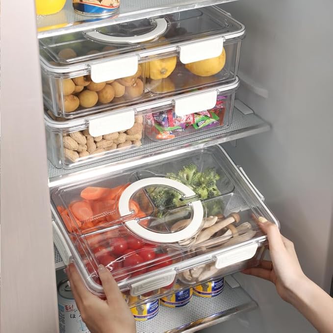 JOSUCLEN Salad Bar Containers for Fridge, Extra Large Divided Serving Tray with Lid Clear, Charcuterie Snack Box Container Portable, Veggie Tray, Travel Charcuterie Board with Lid