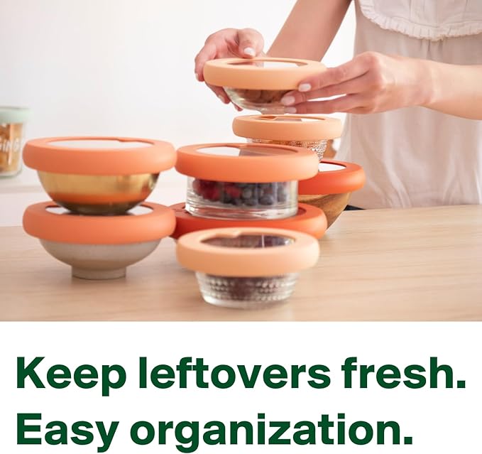 Food Huggers Replacement Lids for Glass Storage Containers | Silicone & Glass Lids that Don’t Crack | Fits Most Round Container Brands & Bowls | 100% Plastic Free | 2 Lid Set (S,M), Terracotta