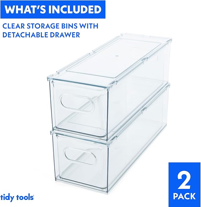 Clear Refrigerator Organizer Bins For Pantry Organization and Food Storage, Stackable Plastic Storage Bins With Pull-Out Drawer – Kitchen and Pantry Storage Containers, 2 Pack