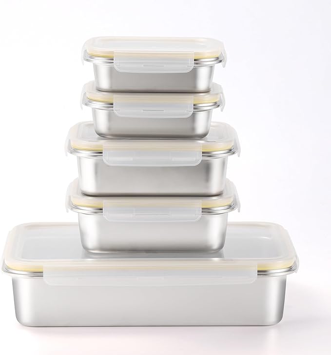 18/8 Stainless Steel Food Storage Containers, Meal Preparation Container Set, Baking Pan, Leak Proof Stackable Light and Easy Storage, Metal Set of 5 (2PC 21oz/2PC 43oz/1PC 169oz)