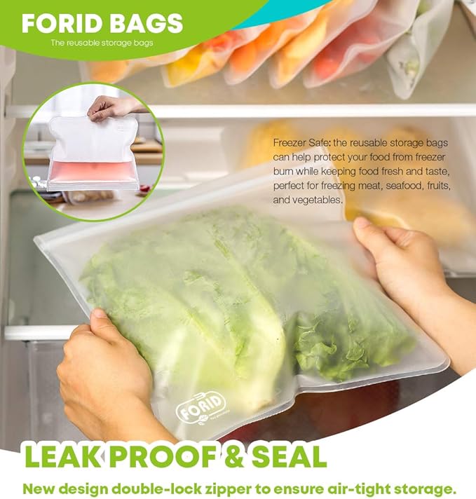 Reusable Storage Bags - 12 Pack EXTRA THICK Freezer bags (2 Reusable Gallon Bags & 5 Reusable Sandwich Bags & 5 Reusable Snack Bags) FDA Grade LEAKPROOF Lunch Bag for Food Travel Items Storage