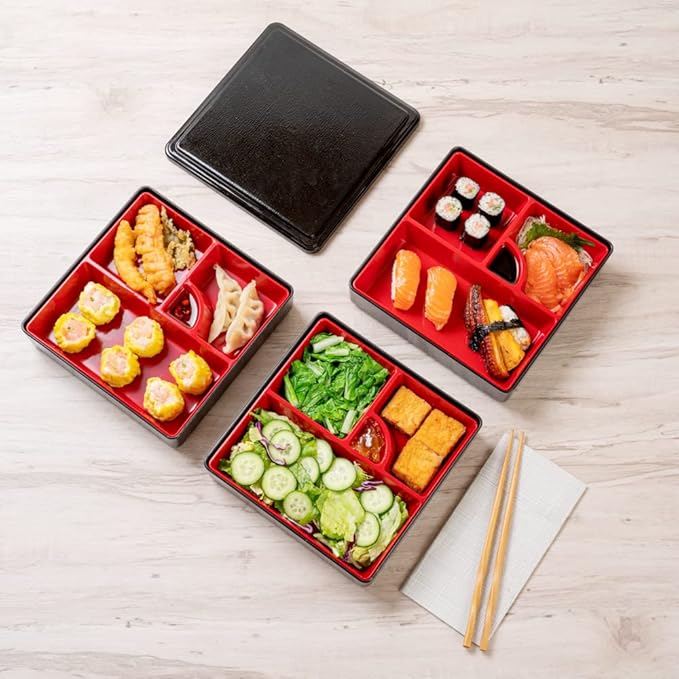 Restaurantware-8.3 x 5.9 Inch 5-Compartment Lunch Container, 1 Japanese Style Adult Lunch Container - 3 Stackable Layers, Black & Red Plastic Divided Lunch Box, Greaseproof, Hot & Cold Food