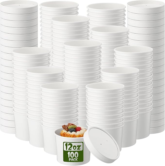 Fulmoon 100 Pack Paper Soup Containers with Lids Disposable Paper Food Containers with Vented Lids Kraft Ice Cream Bowls Soup Cup Ice Cream Cups for Restaurants(12 oz,White)
